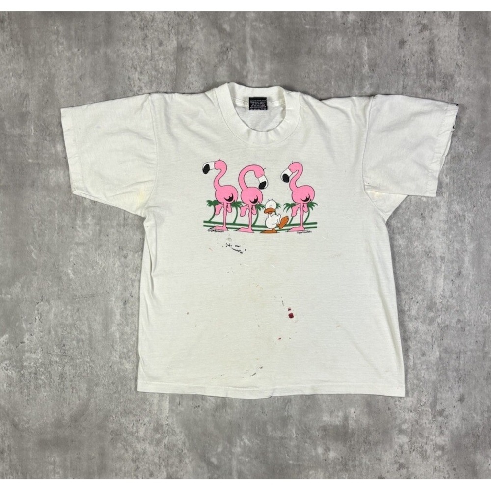 Vintage 90s Screen Stars Flamingo Duck Funny Comedy T Shirt White S